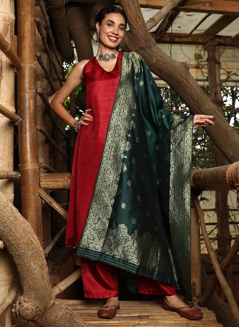 QISSA Women's Vermillion Red Contrast Lustre Kurta Set For Casual Wear | Halter Neck | Sleeveless | 3 Piece Kurta Set Designed With Comfort Fit For Everyday Ethnic Wear - Image 1